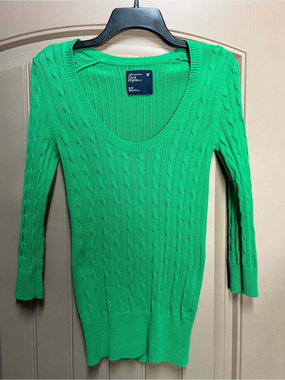 American Eagle Green Cable Knit V-Neck Sweater Women’s M